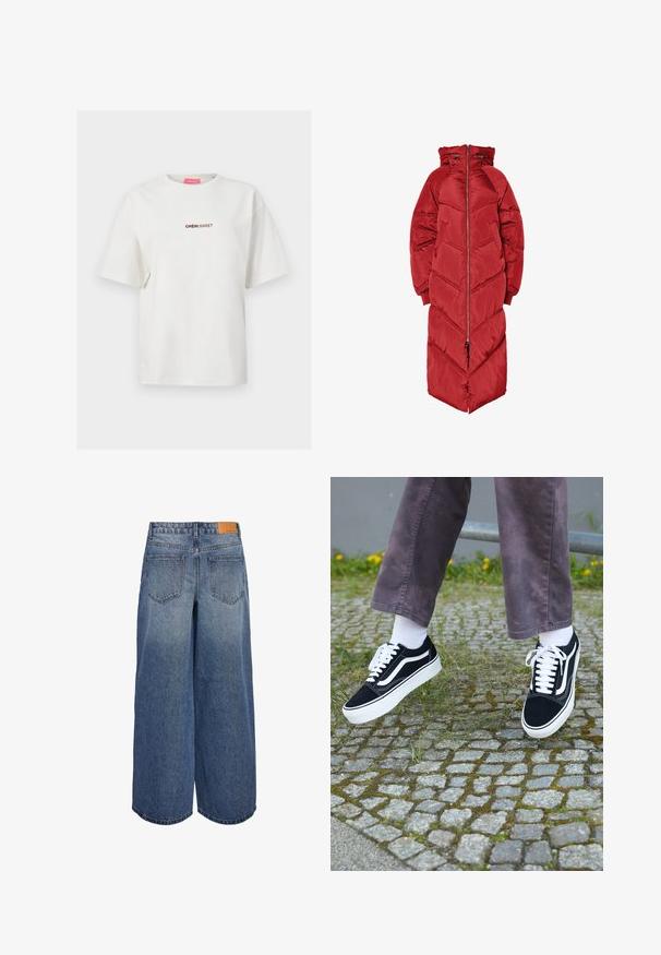 Long red puffer coat with a hood, featuring a front zipper, chevron quilting, and elastic cuffs. Made from a shiny, insulated material.; Gray knit sweater with a round neckline, dropped shoulders, and ribbed cuffs and hem. Smooth texture with a solid color and minimal detailing.; JJXX JXSANDRA LOOSE SS TEE JRS - Print T-shirt - egret; Wide-leg denim culottes in medium blue wash with a faded texture, featuring two back pockets and a brown leather brand tag on the waistband.; Black suede sneakers with white accents, featuring a rounded toe, thick white sole, and classic lace-up design, worn with white socks and purple pants.