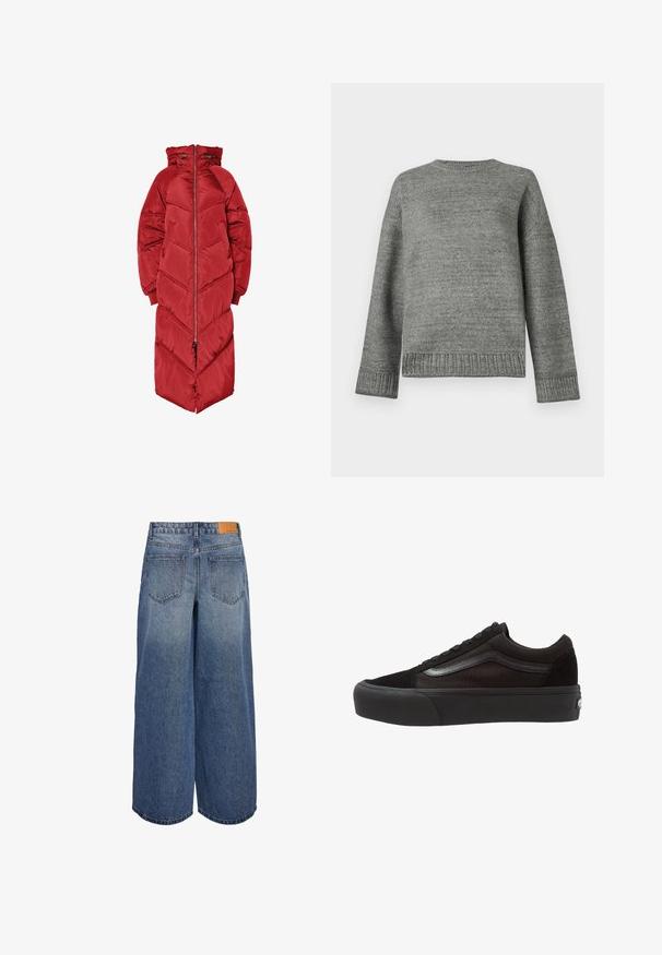 Długa czerwona kurtka puchowa z kapturem, z przednim zamkiem błyskawicznym, pikowaniem w wzór chevron oraz elastycznymi mankietami. Wykonana z błyszczącego, ocieplanego materiału.; Szary sweter z dzianiny o okrągłym dekolcie, opuszczonych ramionach oraz ściągaczach przy rękawach i u dołu. Gładka faktura, jednolity kolor i minimalne zdobienia.; Szerokie dżinsowe kuloty w średnim niebieskim odcieniu z wyblakłą teksturą, z dwoma tylnymi kieszeniami oraz brązową skórzaną metką marki na pasku.; Czarne sneakersy z cholewką wykonaną ze skóry zamszowej i płótna, w niskim wzornictwie, okrągłym nosku, sznurowane, z teksturowaną gumową podeszwą. Zawierają boczny pasek z logo.