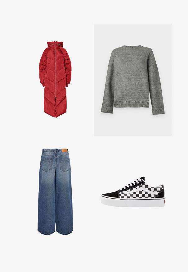 Long red puffer coat with a hood, featuring a front zipper, chevron quilting, and elastic cuffs. Made from a shiny, insulated material.; Gray knit sweater with a round neckline, dropped shoulders, and ribbed cuffs and hem. Smooth texture with a solid color and minimal detailing.; Wide-leg denim culottes in medium blue wash with a faded texture, featuring two back pockets and a brown leather brand tag on the waistband.; Black and white checkerboard canvas sneaker with black suede accents, white laces, and rubber sole. Side logo features contrasting design.