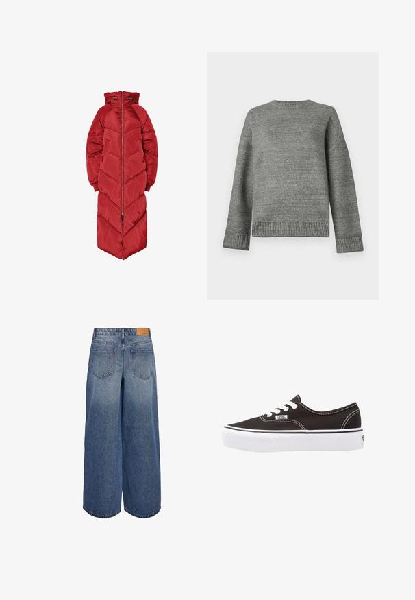 Long red puffer coat with a hood, featuring a front zipper, chevron quilting, and elastic cuffs. Made from a shiny, insulated material.; Gray knit sweater with a round neckline, dropped shoulders, and ribbed cuffs and hem. Smooth texture with a solid color and minimal detailing.; Wide-leg denim culottes in medium blue wash with a faded texture, featuring two back pockets and a brown leather brand tag on the waistband.; Vans AUTHENTIC PLATFORM 2.0 - Trainers - black