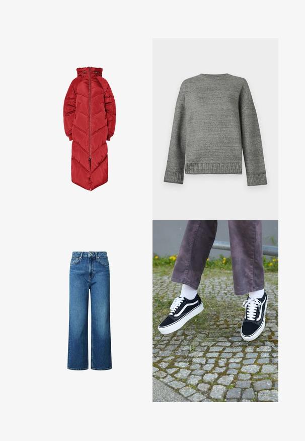 Ilgas raudonas pūstas paltas su kapišonu, turintis priekinį užtrauktuką, chevrono formos siuvimą ir elastingas rankogalis. Pagamintas iš blizgios, izoliuotos medžiagos.; Pilkas megztinis su apvalia iškirpte, nuleistais pečiais ir raukiniais ant rankovių bei apačios. Lygi tekstūra, vienodai spalva ir minimalus detalizavimas.; Plačios kojinės džinsai, pagaminti iš mėlynos denimo, su aukštu liemeniu, priekinėmis mygtukais ir siuvinėjimu. Jokios raštų ar puošmenų.; Juoda zomšiniai sportbačiai su baltais akcentais, suapvalintu pirštu, storu baltu padu ir klasikinis raištelių dizainas, užsidėti su baltomis kojinėmis ir purpurinėmis kelnėmis.