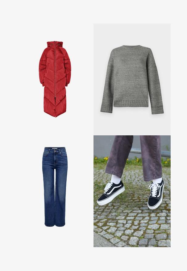 Geacă lungă roșie, tip puf, cu glugă, prevăzută cu fermoar frontal, matlasare în formă de săgeată și manșete elastice. Confecționată dintr-un material lucios, izolant.; Pulover gri din tricot cu guler rotund, umeri coborâți și manșete și tiv cu model de jerseu. Textură netedă, cu o culoare solidă și detalii minime.; Jeans cu talie înaltă și picioare largi, din denim albastru închis, cu închidere cu nasturi, cinci buzunare și detalii cu cusături contrastante.; Adidași negri din suede cu accente albe, având vârful rotunjit, talpă groasă albă și un design clasic cu șireturi, purtați cu șosete albe și pantaloni mov.
