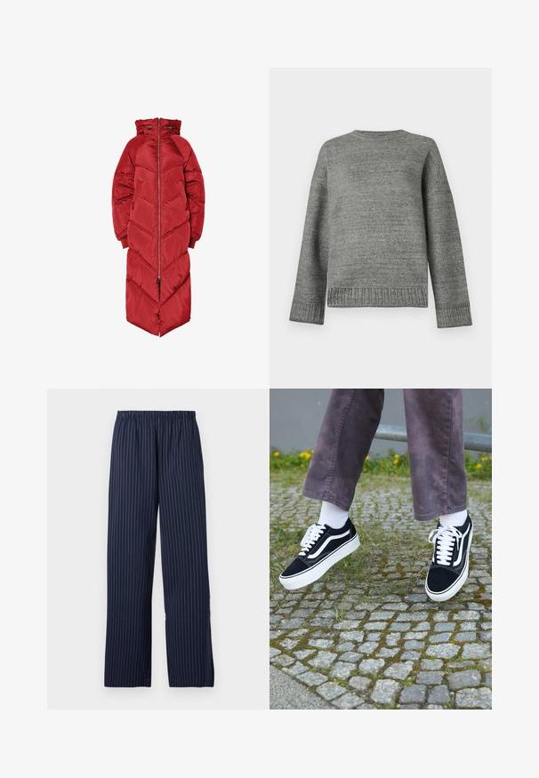 Long red puffer coat with a hood, featuring a front zipper, chevron quilting, and elastic cuffs. Made from a shiny, insulated material.; Gray knit sweater with a round neckline, dropped shoulders, and ribbed cuffs and hem. Smooth texture with a solid color and minimal detailing.; Navy blue wide-leg trousers with a pinstripe pattern, featuring an elastic waistband and a smooth texture.; Black suede sneakers with white accents, featuring a rounded toe, thick white sole, and classic lace-up design, worn with white socks and purple pants.