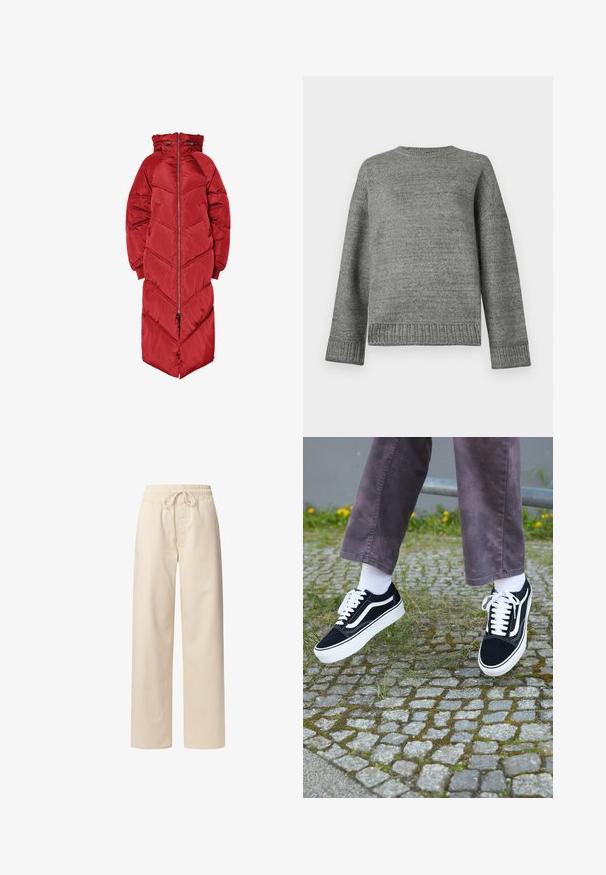 Casaco comprido vermelho acolchoado com capuz, apresentado com fecho éclair frontal, quilting em padrão chevron e punhos elásticos. Feito de um material brilhante e isolante.; Suéter cinza de malha com decote redondo, ombros caídos e punhos e bainha canelados. Textura suave com cor sólida e detalhes mínimos.; Calças de algodão bege com uma cintura elástica e cordão. Design de perna larga com uma textura suave e sem padrões ou detalhes visíveis.; Sapatilhas de camurça pretas com detalhes brancos, apresentando um bico arredondado, sola branca grossa e um design clássico de atacadores, usadas com meias brancas e calças roxas.