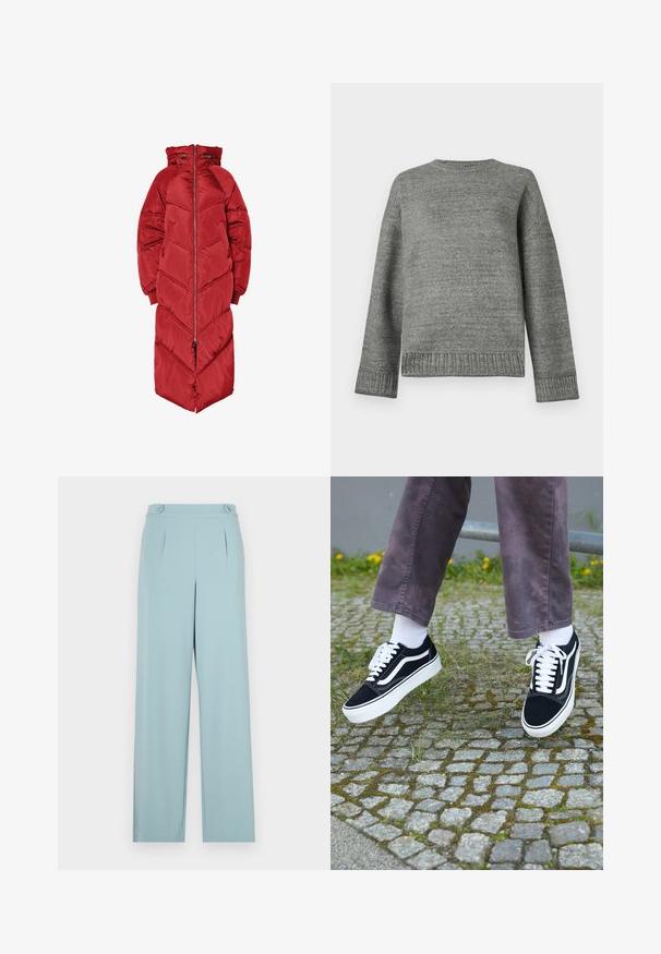 Langer roter Steppmantel mit Kapuze, ausgestattet mit einem Reißverschluss vorne, Chevron-Steppmuster und elastischen Bündchen. Hergestellt aus einem glänzenden, isolierten Material.; Grauer Strickpullover mit rundem Halsausschnitt, angeschnittenen Schultern und gerippten Bündchen und Saum. Glatte Textur in einer einheitlichen Farbe und mit minimalen Details.; Hellblaue Hose mit maßgeschneidertem Design, ausgestattet mit Falten und Knopfakzenten am Bund. Hergestellt aus glattem, leichtem Stoff.; Schwarze Wildleder-Sneaker mit weißen Akzenten, runder Zehenform, dicker weißer Sohle und klassischem Schnürdesign, getragen mit weißen Socken und lila Hose.