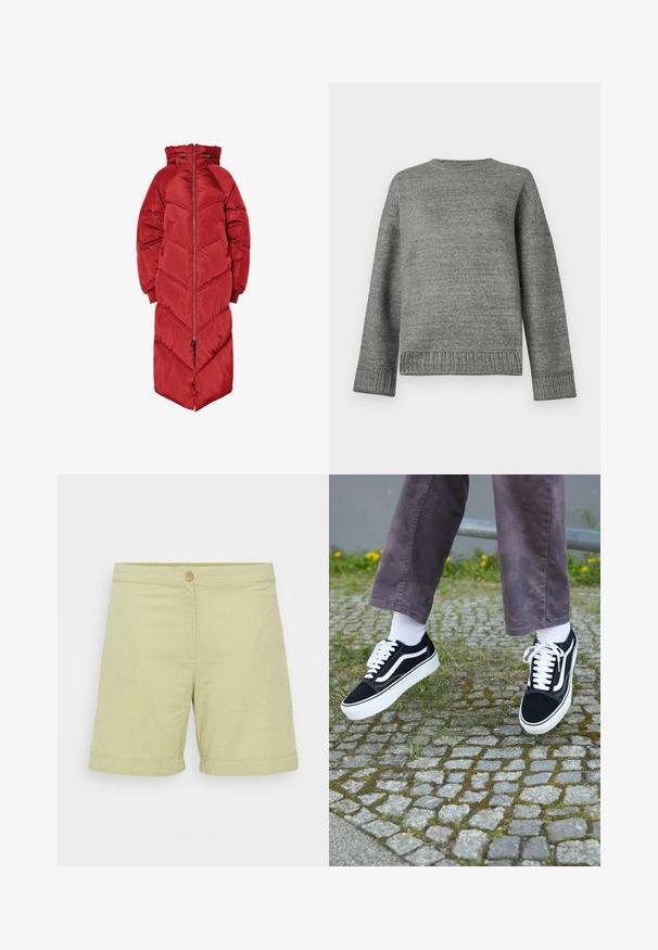 Pitkä punainen toppatakki huppulla, jossa on etuvetoketju, kalanruotokuvioinen tikkaus ja joustavat hihansuut. Valmistettu kiiltävästä, eristävästä materiaalista.; Harmaa neulepaita, jossa on pyöreä pääntie, alaspäin lasketut hartiat sekä ribbireunat hihansuissa ja helmassa. Sujuva pinta, jossa on yhtenäinen väri ja minimaalinen yksityiskohtaisuus.; Vaaleanvihreät pellavashortsit, joissa on napillinen kiinnitys, sileä pinta, käännetyt lahkeet ja yksinkertainen, suora leikkaus.; Mustat mokkanahkakengät valkoisilla yksityiskohdilla, joissa on pyöristetty kärki, paksu valkoinen pohja ja klassinen nauhakiinnitys, käytettyinä valkoisten sukkien ja violetin housuparin kanssa.