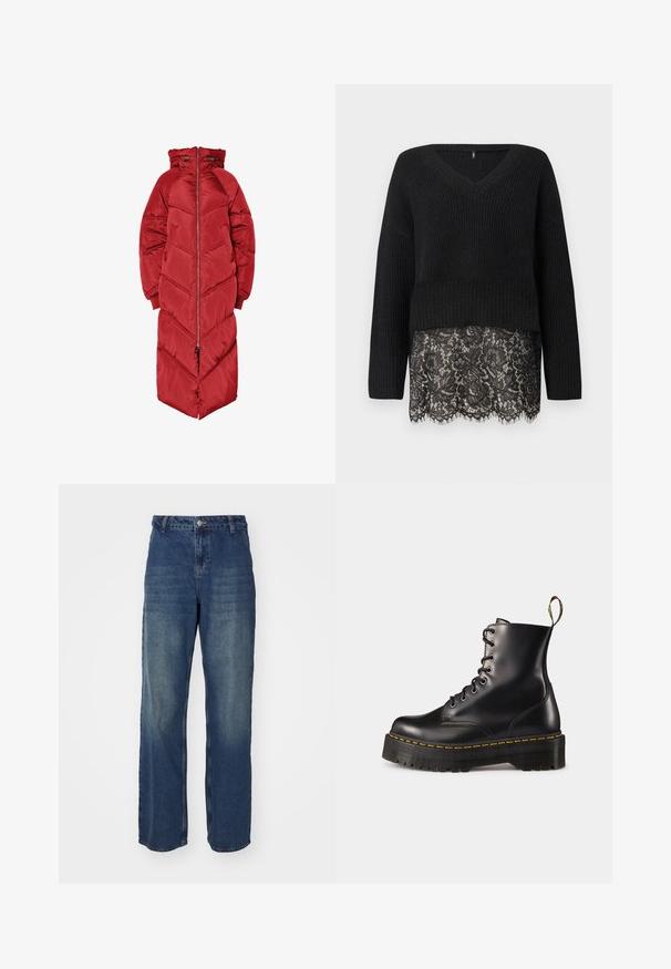 Casaco comprido vermelho acolchoado com capuz, apresentado com fecho éclair frontal, quilting em padrão chevron e punhos elásticos. Feito de um material brilhante e isolante.; Sweater preto de malha com decote em V, apresentando mangas longas e bainha de renda em forma de onda. O tecido texturizado contrasta com a renda suave por baixo.; Jeans de denim azul escuro com uma cintura alta, design de perna larga e áreas desbotadas. Apresenta um fecho de botão e passantes para cinto, com uma textura suave.; Botas de tornozelo em couro preto com atacadores, com uma sola robusta preta e costura amarela. Apresenta uma alça na parte de trás e ilhós metálicos circulares.
