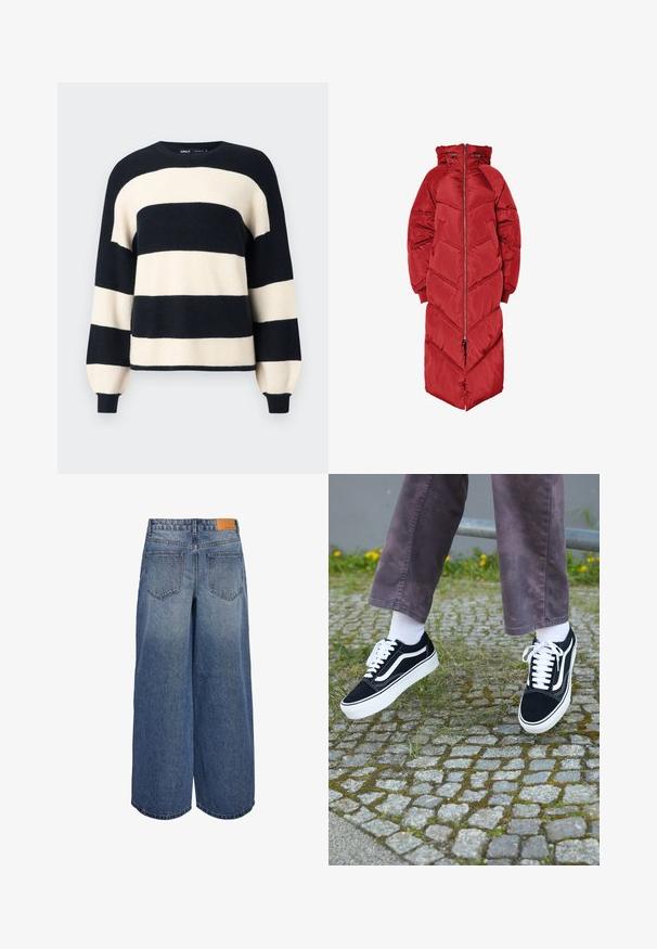 Dug pogodna crvena jakna s kapuljačom, prednjim patentnim zatvaračem, prošivom u obliku cik-cak uzorka i elastičnim manšetama. Izrađena od sjajnog, izoliranog materijala.; Prugasti pulover s prugama širokih mornarsko plavih i krem boja. Rebrasti izrez i manžetne s opuštenim krojem. Mekana tekstura.; Široke traper culotte hlače u srednje plavoj boji s izblijedjelom teksturom, s dvije stražnje vrećice i smeškim kožnim oznakom branda na pojasu.; Crne suedne teniske s bijelim detaljima, s okruglim vrhom, debljim bijelim potplatom i klasičnim dizajnom vezivanja, nosi se s bijelim čarapama i ljubičastim hlačama.