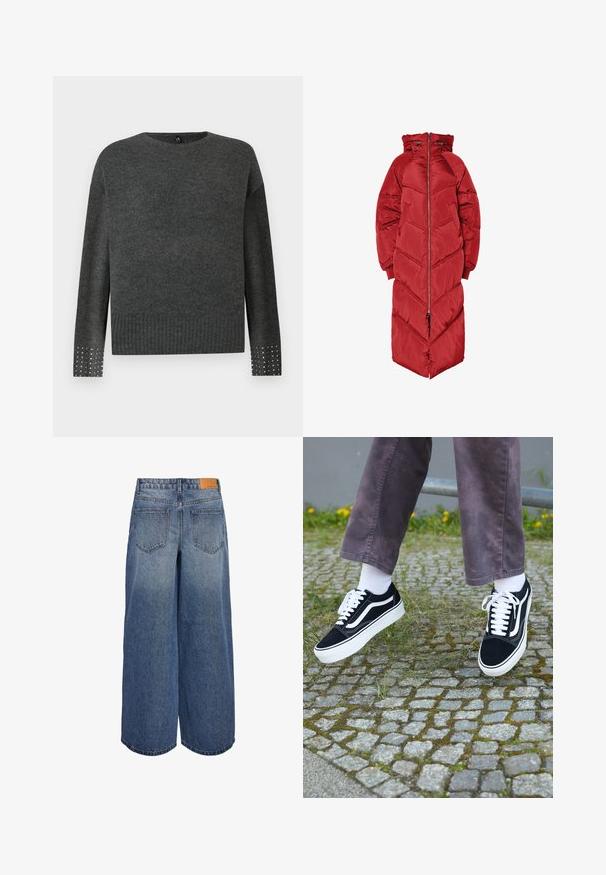 Hosszú piros téli dzseki kapucnival, elülső cipzárral, halszálkamintás steppeléssel és rugalmas mandzsettákkal. Csillogó, szigetelt anyagból készült.; Szürke kötött pulóver kerek nyakkal, hosszú ujjal, bordás szegéllyel és ezüst szegecsekkel díszített mandzsettákkal a plusz részletekért.; Széles lábú denim culotte nadrág közepes kék mosással és kopott textúrával, két hátsó zsebbel és barna bőr márkás címkével a derékon.; Fekete velúr sportcipő, fehér díszítéssel, lekerekített orral, vastag fehér talppal és klasszikus, fűzős kialakítással, fehér zoknival és lila nadrággal viselve.