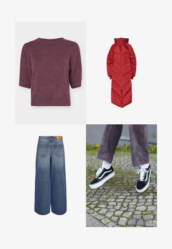 Lang rød dunjakke med hette, med frontglidelås, chevron-quilting og elastiske mansjetter. Laget av et blankt, isolert materiale.; Bordeaux strikkegenser med korte pufferm, rund hals og en lett løs passform. Myk tekstur med et subtilt mønster gjennom hele.; Bredde ben denim culottes i middels blå vask med en falmet tekstur, med to baklommer og en brun lærmerke på midjebåndet.; Svarte semskede joggesko med hvite detaljer, med rund tå, tykk hvit såle og klassisk snøring, båret med hvite sokker og lilla bukser.