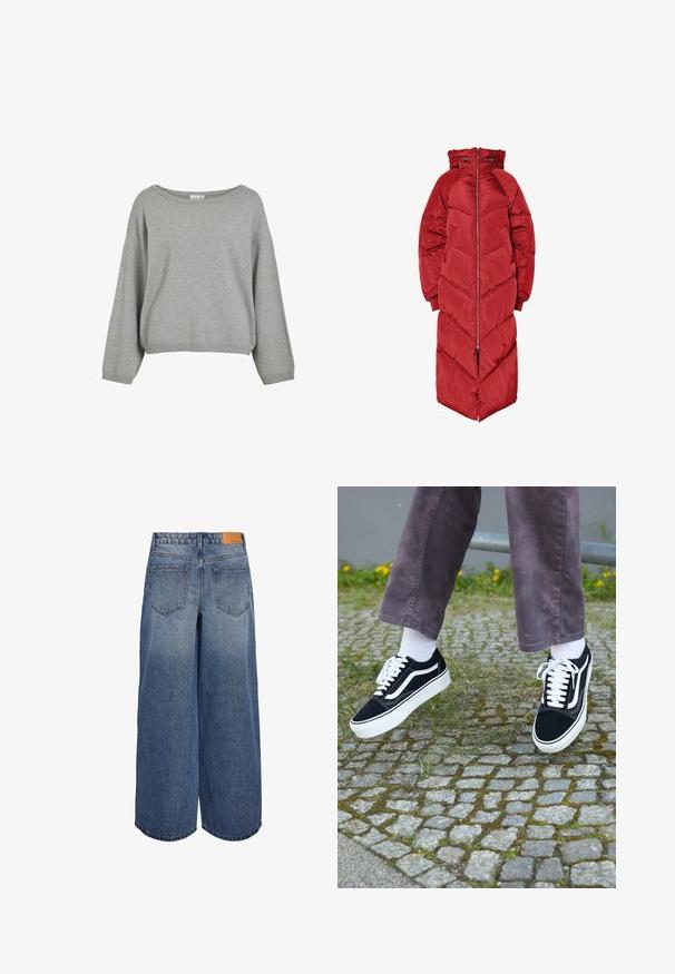 Longue doudoune rouge avec capuche, dotée d'une fermeture éclair frontale, d'un matelassage en chevrons et de poignets élastiques. Fabriquée en matériau brillant et isolant.; Pull en maille gris avec une coupe décontractée, un large col et des manches longues. Ourlet et poignets côtelés. Texture douce avec un design minimaliste.; Culottes en denim à jambes larges dans un lavage bleu moyen avec une texture délavée, comportant deux poches arrière et une étiquette de marque en cuir marron sur la taille.; Baskets en suède noir avec des accents blancs, présentant un bout rond, une semelle blanche épaisse et un design classique à lacets, portées avec des chaussettes blanches et un pantalon violet.