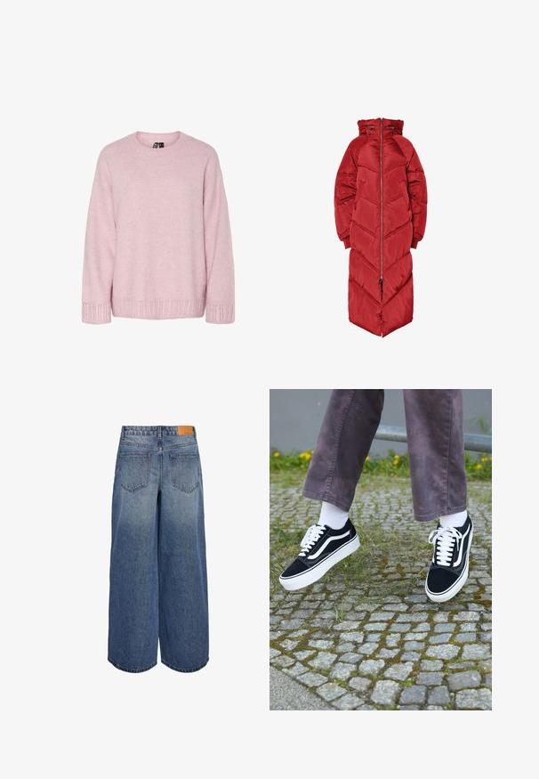 Hosszú piros téli dzseki kapucnival, elülső cipzárral, halszálkamintás steppeléssel és rugalmas mandzsettákkal. Csillogó, szigetelt anyagból készült.; Világos rózsaszín kötött pulóver kerek nyakkal, laza szabással és bordázott díszítéssel az ujjvégeken és az alján. Puha tapintású, finom mintázattal.; Széles lábú denim culotte nadrág közepes kék mosással és kopott textúrával, két hátsó zsebbel és barna bőr márkás címkével a derékon.; Fekete velúr sportcipő, fehér díszítéssel, lekerekített orral, vastag fehér talppal és klasszikus, fűzős kialakítással, fehér zoknival és lila nadrággal viselve.