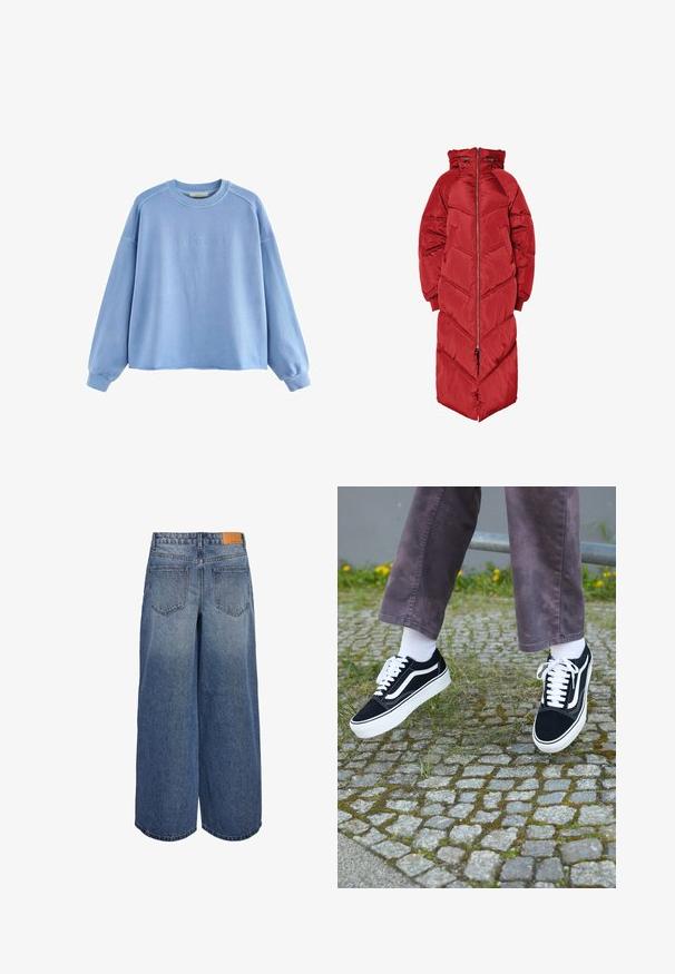 Lungo piumino rosso con cappuccio, dotato di una cerniera frontale, imbottitura a cuciture a spina di pesce e polsini elastici. Realizzato in materiale lucido e isolante.; Next CITY GRAPHIC - Felpa - blue; Culotte in denim a gamba larga in un lavaggio blu medio con una texture sbiadita, dotate di due tasche posteriori e un'etichetta in pelle marrone del marchio sulla vita.; Sneaker in suede nero con dettagli bianchi, caratterizzati da una punta arrotondata, suola spessa bianca e design classico con lacci, indossati con calze bianche e pantaloni viola.