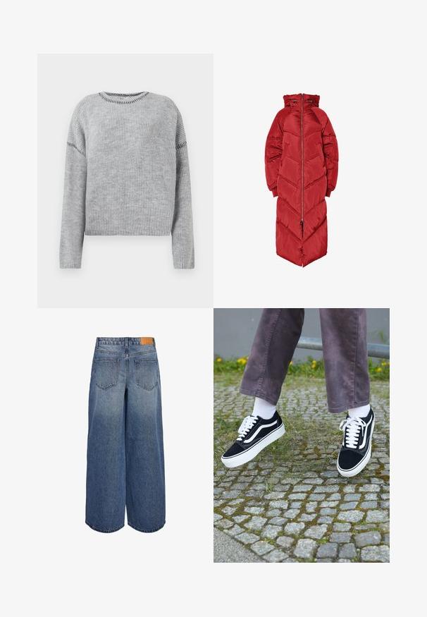 Casaco comprido vermelho acolchoado com capuz, apresentado com fecho éclair frontal, quilting em padrão chevron e punhos elásticos. Feito de um material brilhante e isolante.; Suéter cinza de malha com decote redondo e mangas longas. Apresenta textura canelada e detalhes de costura em contraste ao longo das costuras.; Calças culottes de denim de perna larga em lavagem azul média com uma textura desbotada, apresentando dois bolsos traseiros e uma etiqueta de marca em couro castanho na cintura.; Sapatilhas de camurça pretas com detalhes brancos, apresentando um bico arredondado, sola branca grossa e um design clássico de atacadores, usadas com meias brancas e calças roxas.