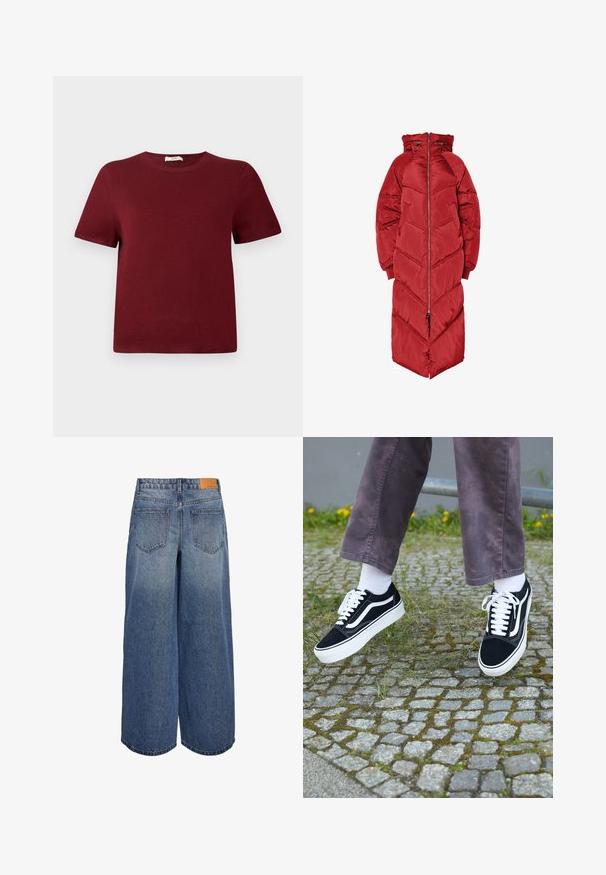 Casaco comprido vermelho acolchoado com capuz, apresentado com fecho éclair frontal, quilting em padrão chevron e punhos elásticos. Feito de um material brilhante e isolante.; Pulôver curto de manga curta em borgonha, feito de material de malha suave; decote redondo, punhos e barra canelados; design simples sem padrões ou acentos visíveis.; Calças culottes de denim de perna larga em lavagem azul média com uma textura desbotada, apresentando dois bolsos traseiros e uma etiqueta de marca em couro castanho na cintura.; Sapatilhas de camurça pretas com detalhes brancos, apresentando um bico arredondado, sola branca grossa e um design clássico de atacadores, usadas com meias brancas e calças roxas.