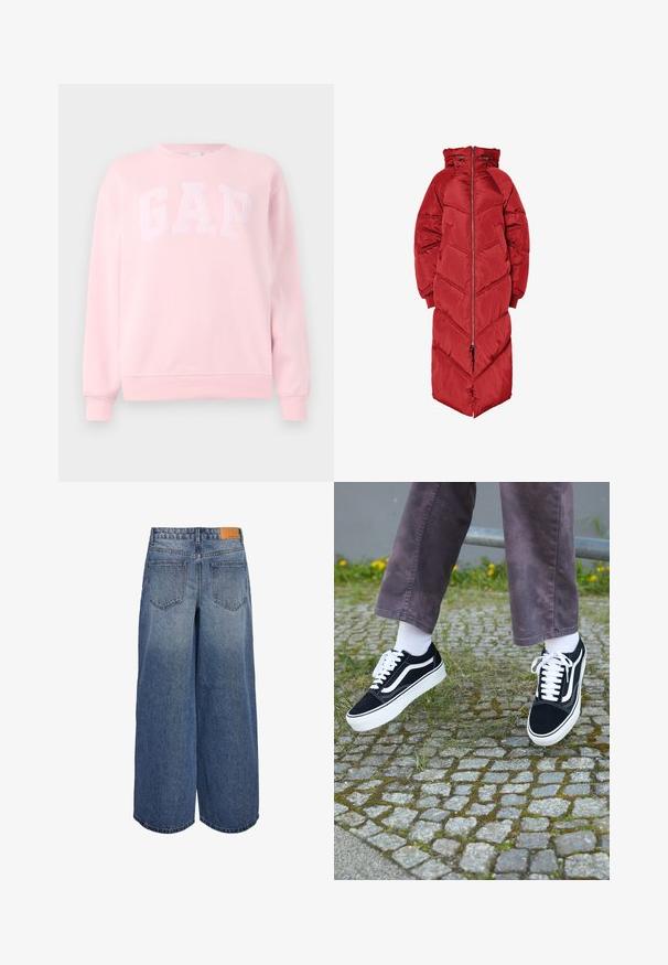 Dlouhý červený prošívaný kabát s kapucí, s předním zipem, chevronovým prošíváním a elastickými manžetami. Vyrobený z lesklého, izolovaného materiálu.; Světle růžová mikina s kulatým výstřihem a dlouhými rukávy, s žebrovanými manžetami, na hrudi se znakem GAP s reliéfním designem.; Kratší denimpantalony s širokými nohavicemi v modré barvě s vybledlým efektem, se dvěma zadními kapsami a hnědou koženou značkovou visačkou na pase.; Černé semišové tenisky s bílými akcenty, s zaoblenou špičkou, silnou bílou podrážkou a klasickým šněrovacím designem, nošeny s bílými ponožkami a fialovými kalhotami.