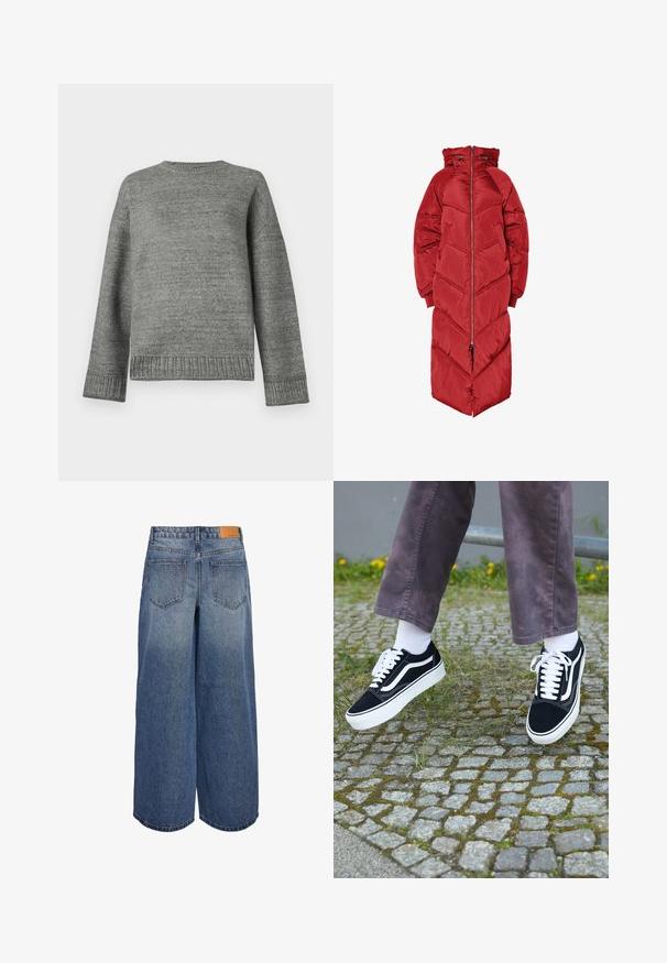 Casaco comprido vermelho acolchoado com capuz, apresentado com fecho éclair frontal, quilting em padrão chevron e punhos elásticos. Feito de um material brilhante e isolante.; Suéter cinza de malha com decote redondo, ombros caídos e punhos e bainha canelados. Textura suave com cor sólida e detalhes mínimos.; Calças culottes de denim de perna larga em lavagem azul média com uma textura desbotada, apresentando dois bolsos traseiros e uma etiqueta de marca em couro castanho na cintura.; Sapatilhas de camurça pretas com detalhes brancos, apresentando um bico arredondado, sola branca grossa e um design clássico de atacadores, usadas com meias brancas e calças roxas.