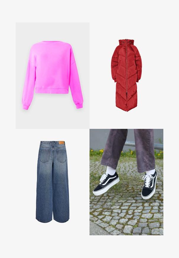 Geacă lungă roșie, tip puf, cu glugă, prevăzută cu fermoar frontal, matlasare în formă de săgeată și manșete elastice. Confecționată dintr-un material lucios, izolant.; Sweatshirt roz strălucitor cu mâneci lungi și guler rotund, cu manșete și tiv din material elastic, expus pe un fundal simplu deschis.; Culottes din denim cu pantaloni largi, în nuanța albastru mediu, cu o textură decolorată, având două buzunare pe spate și un etichetă de marcă din piele maro pe talie.; Adidași negri din suede cu accente albe, având vârful rotunjit, talpă groasă albă și un design clasic cu șireturi, purtați cu șosete albe și pantaloni mov.