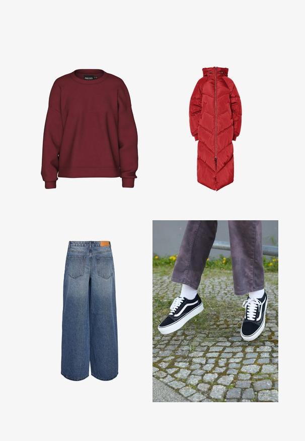 Long red puffer coat with a hood, featuring a front zipper, chevron quilting, and elastic cuffs. Made from a shiny, insulated material.; Burgundy sweatshirt with a round neck, relaxed fit, long sleeves, ribbed cuffs, and a soft cotton blend texture. Simple design, no patterns.; Wide-leg denim culottes in medium blue wash with a faded texture, featuring two back pockets and a brown leather brand tag on the waistband.; Black suede sneakers with white accents, featuring a rounded toe, thick white sole, and classic lace-up design, worn with white socks and purple pants.