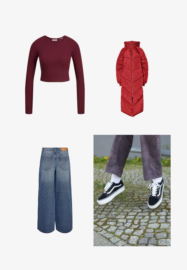 Dlhá červená prešívaná bunda s kapucňou, vybavená predným zipsom, prešívaním v tvare šípky a elastickými manžetami. Vyrobená z lesklého, izolovaného materiálu.; Burgundská crop top, dlhé rukávy, rebrovaná textúra, okrúhly výstrih, mäkký materiál, priliehavý dizajn. Nápisy viditeľné na krku.; Džínové culottes s širokými nohavicami v stredne modrom opraní, so svetlovým vzhľadom, obsahujúcimi dve zadné vrecká a hnedú koženú brand značku na páse.; Čierne semišové tenisky s bielymi akcentmi, s okrúhlou špičkou, hrubou bielou podrážkou a klasickým šnurovacím dizajnom, kombinované s bielymi ponožkami a fialovými nohavicami.