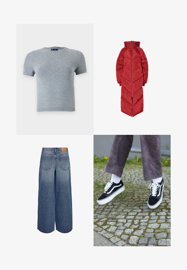 Hosszú piros téli dzseki kapucnival, elülső cipzárral, halszálkamintás steppeléssel és rugalmas mandzsettákkal. Csillogó, szigetelt anyagból készült.; Szürke, rövid ujjú póló puha kötött anyagból, kerek nyakkivágással és testhezálló fazonnal, minimális varratokkal és minták nélkül.; Széles lábú denim culotte nadrág közepes kék mosással és kopott textúrával, két hátsó zsebbel és barna bőr márkás címkével a derékon.; Fekete velúr sportcipő, fehér díszítéssel, lekerekített orral, vastag fehér talppal és klasszikus, fűzős kialakítással, fehér zoknival és lila nadrággal viselve.