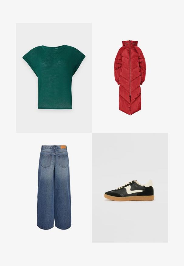 Dug pogodna crvena jakna s kapuljačom, prednjim patentnim zatvaračem, prošivom u obliku cik-cak uzorka i elastičnim manšetama. Izrađena od sjajnog, izoliranog materijala.; Tirkiznozelena majica s kratkim rukavima, okruglim izrezom i opuštenim krojem. Mekani, lagani materijal s blago prozirnom teksturom.; Široke traper culotte hlače u srednje plavoj boji s izblijedjelom teksturom, s dvije stražnje vrećice i smeškim kožnim oznakom branda na pojasu.; Crna nubuk i kožna tenisica s kremastim bočnim swooshom i svijetlom kremastom petom. Sadrži bež vezice i gumu na potplatu.
