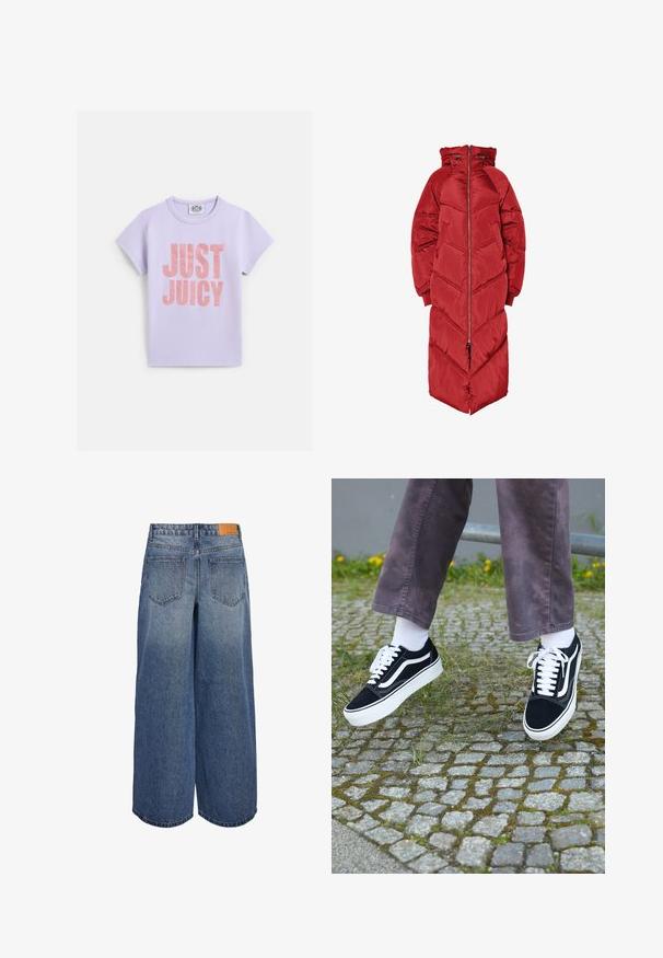 Pikk punane paks jakk kapuutsiga, esitasku lukuga, chevron mustriga õmblusega ja elastsete varrukaotstega. Valmistatud läikivast, isoleeritud materjalist.; Lilla puuvillane t-särk lühikeste varrukatega, millel esiküljel suur metallikroosa tekst "JUST JUICY". Tavalise ümara kaelusega disain.; Keskmise sinise pesu ja kulunud tekstuuriga laiad denimpüksid, millel on kaks tagumist taskut ja pruun nahast brändilogo vöökoha peal.; Mustad nubukist spordijalatsid valgete detailidega, millel on ümar nina, paks valge tald ja klassikaline sidumise disain, kantud valgete sokkide ja lilla pükste juurde.