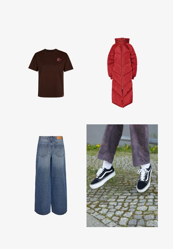 Lange rode pufferjas met capuchon, voorzien van een ritssluiting aan de voorkant, chevronstiksels en elastische manchetten. Gemaakt van een glanzend, geïsoleerd materiaal.; Bruine katoenen T-shirt met een ronde halslijn en korte mouwen. Heeft een klein roze logo op de borst en een rechte zoom.; Brede denim culottes in een middelblauwe wassing met een vervaagde textuur, voorzien van twee achterzakken en een bruine leren merklabel op de tailleband.; Zwarte suède sneakers met witte accenten, met een ronde neus, dikke witte zool en klassieke vetersluiting, gedragen met witte sokken en paarse broek.