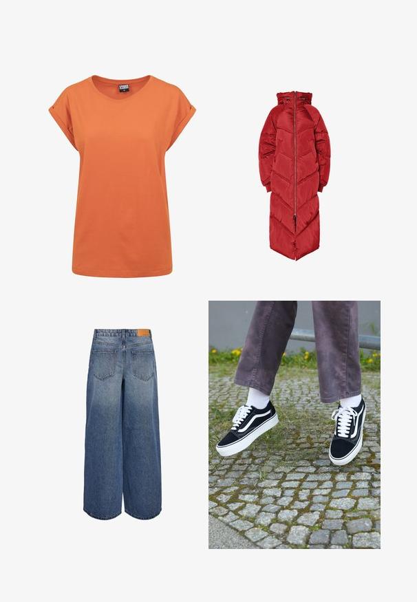 Longue doudoune rouge avec capuche, dotée d'une fermeture éclair frontale, d'un matelassage en chevrons et de poignets élastiques. Fabriquée en matériau brillant et isolant.; T-shirt en coton orange à coupe décontractée, avec un col rond et des manches courtes retroussées. Design simple sans motifs ni accents visibles.; Culottes en denim à jambes larges dans un lavage bleu moyen avec une texture délavée, comportant deux poches arrière et une étiquette de marque en cuir marron sur la taille.; Baskets en suède noir avec des accents blancs, présentant un bout rond, une semelle blanche épaisse et un design classique à lacets, portées avec des chaussettes blanches et un pantalon violet.