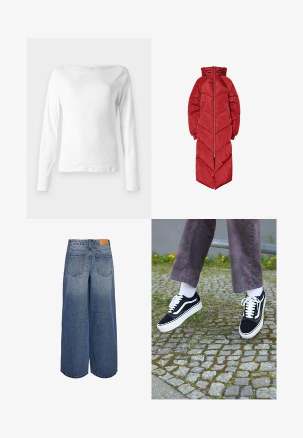 Lange rode pufferjas met capuchon, voorzien van een ritssluiting aan de voorkant, chevronstiksels en elastische manchetten. Gemaakt van een glanzend, geïsoleerd materiaal.; Witte lange mouwen t-shirt gemaakt van zachte katoen, met een bootkraag en een getailleerd ontwerp, met minimale stikdetails aan de zoom.; Brede denim culottes in een middelblauwe wassing met een vervaagde textuur, voorzien van twee achterzakken en een bruine leren merklabel op de tailleband.; Zwarte suède sneakers met witte accenten, met een ronde neus, dikke witte zool en klassieke vetersluiting, gedragen met witte sokken en paarse broek.