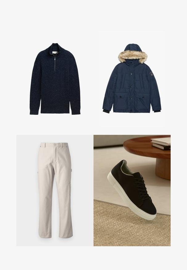 Doudoune bleu marine avec une capuche en fausse fourrure, deux poches avant et des poignets côtelés. Présente un logo sur la manche gauche.; Pull en tricot navy avec un col zippé mi-hauteur, texture côtelée et détails mouchetés. Manches longues avec des bords côtelés.; Pantalons cargo beiges en coton résistant, à jambes droites, avec une fermeture par bouton à l'avant et des poches latérales pratiques. Texture lisse avec des coutures subtiles.; Baskets noires avec semelle blanche flottant au-dessus d'un tapis texturé beige, près d'une table en bois ronde avec des livres empilés.