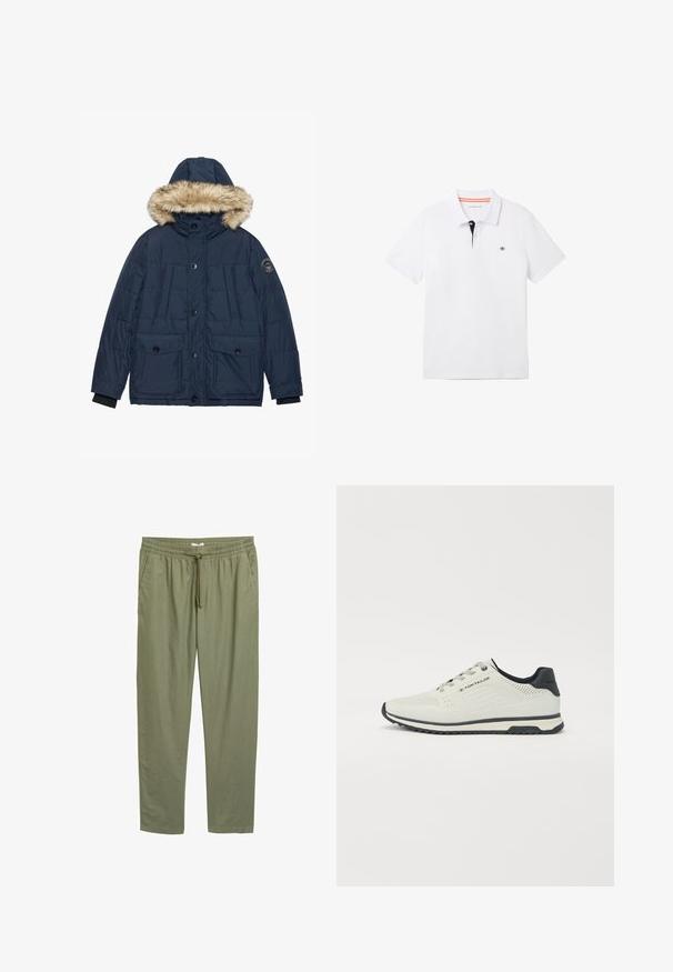 Geacă puffer bleumarin cu glugă căptușită cu blană artificială, două buzunare frontale și manșete cu nervuri. Prezintă un logo pe mâneca stângă.; Tricou polo alb cu guler negru și margini portocalii, mâneci scurte și un mic logo pe piept. Fabricat dintr-un amestec de bumbac respirabil.; Pantaloni ușori, de culoare verde măslin, cu croială conică, dotati cu un brâu elastic și șnur de ajustare. Prezintă buzunare laterale și o textură netedă.; Pantof sportiv gri deschis cu un design perforat, accente negre, talpă texturată și sistem de șireturi. Logo-ul este vizibil pe lateral.
