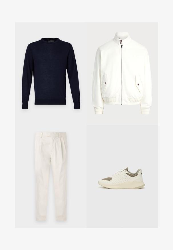 Weißer Reißverschlussjacke mit hohem Kragen, zwei Fronttaschen mit Knopfverschlüssen, gerippten Bündchen und Saum sowie glatter Stoffoberfläche.; Navyblauer Langarmpullover aus einem glatten, leichten Stoff. Mit Rundhalsausschnitt und gerippten Bündchen und Saum. Minimalistisches Design.; Weiße, plissierte Hose mit taillierten Schnitt, die eine glatte Textur, Gürtelschlaufen und schmal zulaufende Beine aufweist. Keine sichtbaren Taschen oder Muster.; Weiße und hellbeige Sport Sneakers, ausgestattet mit einem Obermaterial aus Netzgewebe, perforierten Details und einer strukturierten Zwischensohle mit Branding an der Ferse.