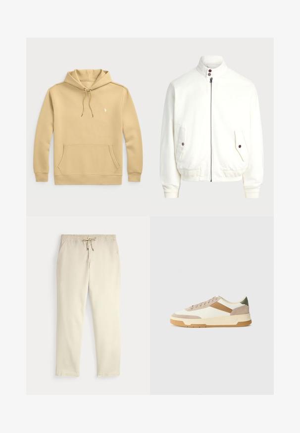 Vit zip-up jacka med hög krage, två framfickor med knäppning, ribbade muddar och nederkant, samt slät tygkänsla.; Huvtröja i ljusbeige, blandning av bomull. Har en känguruficka, justerbara dragkedjor och en liten logotyp på bröstet.; Off-white casual byxor med elastisk midja och snörning, raka ben och sidofickor mot en enfärgad bakgrund.; Sneakers i beige, kräm och olivgrön, med material av mocka och läder, rund tå, minimalistisk design och gummisula.