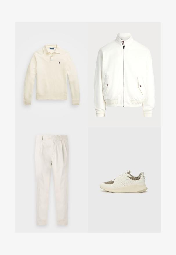 Casaco branco com fecho zip até ao pescoço, colarinho alto, duas bolsas frontais com fechos de botão, punhos e bainha canelados, e textura de tecido suave.; Sweater de polo de manga longa em tom creme, com colarinho, três botões, punhos e bainha canelados, apresentando um pequeno logótipo azul-marinho no peito.; Calças brancas pregueadas com um corte ajustado, apresentando uma textura suave, passantes de cinto e pernas afuniladas. Sem bolsos visíveis ou padrões.; Sapatilha atlética branca e bege claro, com parte superior em malha, detalhes perfurados e uma entressola texturizada com marcação no calcanhar.