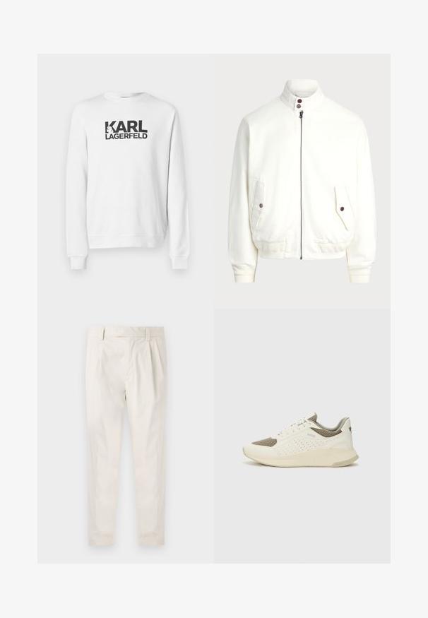 Fehér cipzáras dzseki magas gallérral, két elülső zseb gombos záródással, bordás mandzsetták és alsó rész, valamint sima szövettextúra.; Fehér pulóver, amelynek elején egy nagy fekete "KARL LAGERFELD" logo található. Klasszikus kerek nyak, bordázott mandzsetta és szegély. Pamut anyag.; Fehér, pliszírozott nadrág, testre szabott szabással, sima felülettel, övhurkokkal és karcsú lábszárral. Nincs látható zseb vagy minta.; Fehér és világos bézs sportcipő, légies hálós felsőrésszel, perforált részletekkel és texturált középtalppal, amelyen a saroknál a márka logója található.