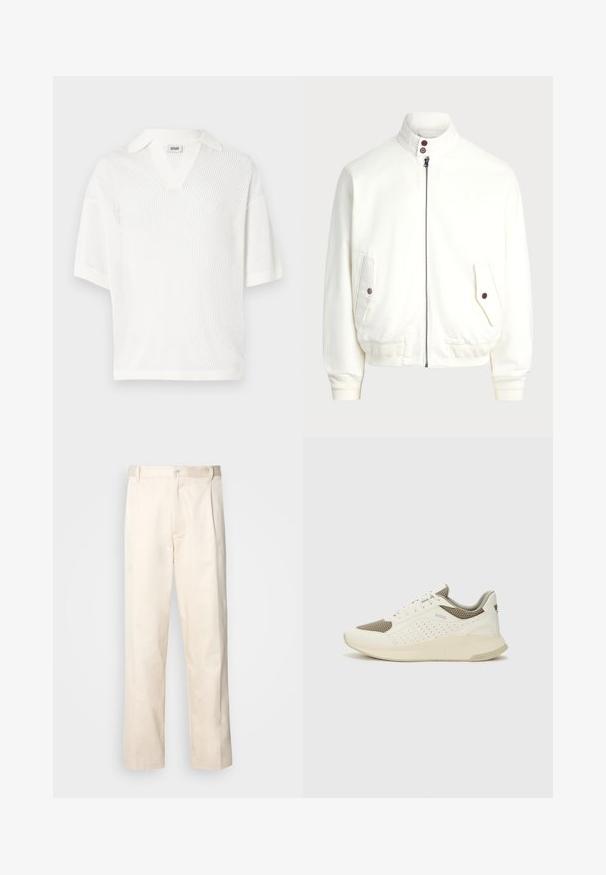 Bílá zipová bunda s vysokým límcem, dvěma předními kapsami se zapínáním na knoflíky, žebrovanými manžetami a lemem a hladkou texturou látky.; Bílý krátký svetr s krátkými rukávy a výstřihem do V, vyrobený z lehké síťované tkaniny. Má jednobarevný límec a volnější střih.; Bežové bavlněné kalhoty se střihy rovného nohavice, s knoflíkovým zapínáním a záhyby vpředu pro zvýraznění detailu.; Bílé a světle béžové atletické tenisky, které mají síťovaný svršek, perforované detaily a texturovanou mezipodešev s logem na patě.