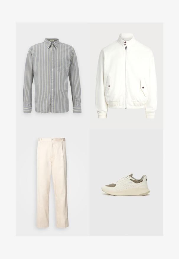 Balta zip-up striukė su aukštu apykakle, dviem priekinėm kišenėm su mygtukų uždarymu, raukšlėtom rankogaliais ir apačia, sklandžiu audinio paviršiumi.; Mėlynos spalvos marškiniai su plonomis geltonomis dryžiais, turintys apykaklę, ilgas rankoves ir krūtinės kišenę. Baigti baltais mygtukais.; Bežinės medvilninės kelnės su tiesiu kirpimu, turinčios mygtuko uždarymą ir priekyje raukšles papildomai dekoratyviam akcentui.; Baltas ir šviesiai bežinis sportinis kedas, su tinklo viršumi, perforuotais detalėmis ir tekstūruotu tarpine su logotipu ant kulno.