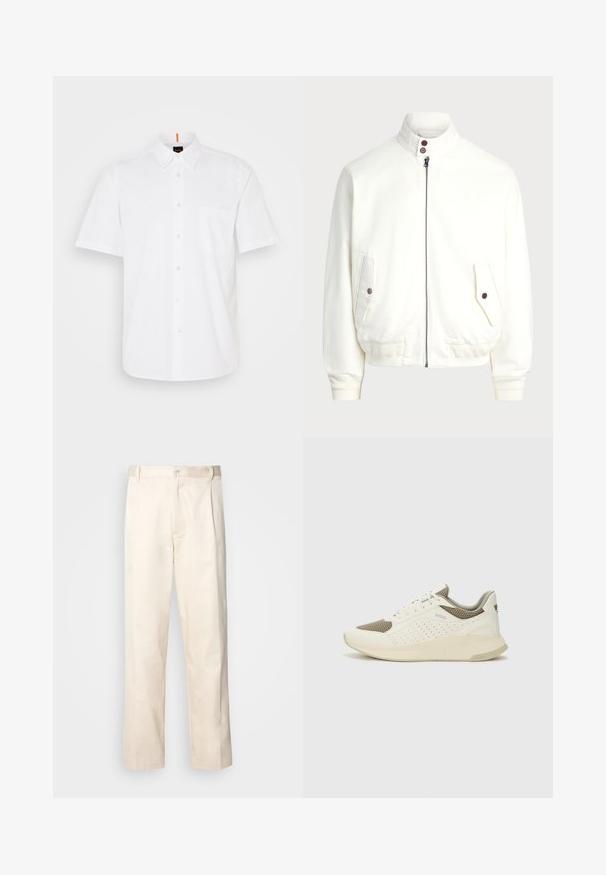 Balta jakas ar rāvējslēdzēju un augstu apkakli, divām priekšējām kabatām ar pogu aizdari, ribotām rokām un apakšmalu, kā arī gludu auduma tekstūru.; Baltā īsajām piedurknēm pogājama krekliņa izgatavota no kokvilnas, ar vienu krūšu kabatu, klasisku apkakli un niecīgām izšūšanas detaļām.; Bežā krāsā auduma bikses ar taisnu kāju griezumu, pievienotām pogu aizdares un priekšējiem krokām papildu detaļām.; Baltas un gaiši bež sporta apavi, ar sieta augšdaļu, perforētiem detaļām un teksturētu vidusdaļu ar zīmolu uz papēža.