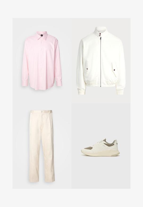 Fehér cipzáras dzseki magas gallérral, két elülső zseb gombos záródással, bordás mandzsetták és alsó rész, valamint sima szövettextúra.; Világos rózsaszín, hosszú ujjú, gombos ing sima anyagból készült. Klasszikus gallér, gombos elülső rész, és minták vagy díszítések nélküli mandzsetta.; Beige pamut nadrág egyenes szárú kivágással, gombos záródással és elülső redőkkel a részletek fokozása érdekében.; Fehér és világos bézs sportcipő, légies hálós felsőrésszel, perforált részletekkel és texturált középtalppal, amelyen a saroknál a márka logója található.