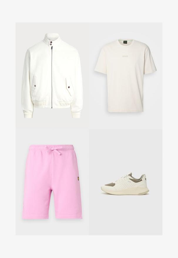 Fehér cipzáras dzseki magas gallérral, két elülső zseb gombos záródással, bordás mandzsetták és alsó rész, valamint sima szövettextúra.; BOSS TEE - Basic póló - open white; Világos rózsaszín pamut rövidnadrág rugalmas derékpánttal és húzózsinórral, az alsó bal sarokban kis hímzett logóval.; Fehér és világos bézs sportcipő, légies hálós felsőrésszel, perforált részletekkel és texturált középtalppal, amelyen a saroknál a márka logója található.