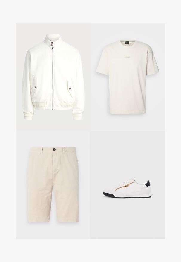 Chaqueta blanca con cremallera y cuello alto, dos bolsillos frontales con cierres de botón, puños y dobladillo acanalados, y una textura de tela suave.; BOSS TEE - Camiseta básica - open white; Pantalones cortos de algodón beige con un corte regular, con cierre de botón, bolsillos delanteros y dobladillos volteados. Textura suave con mínimas arrugas.; Zapatillas deportivas blancas con acentos de malla y cuero. Presentan un logotipo dorado de "BOSS", paneles laterales texturizados y una tapa de talón negra. Suela de goma.