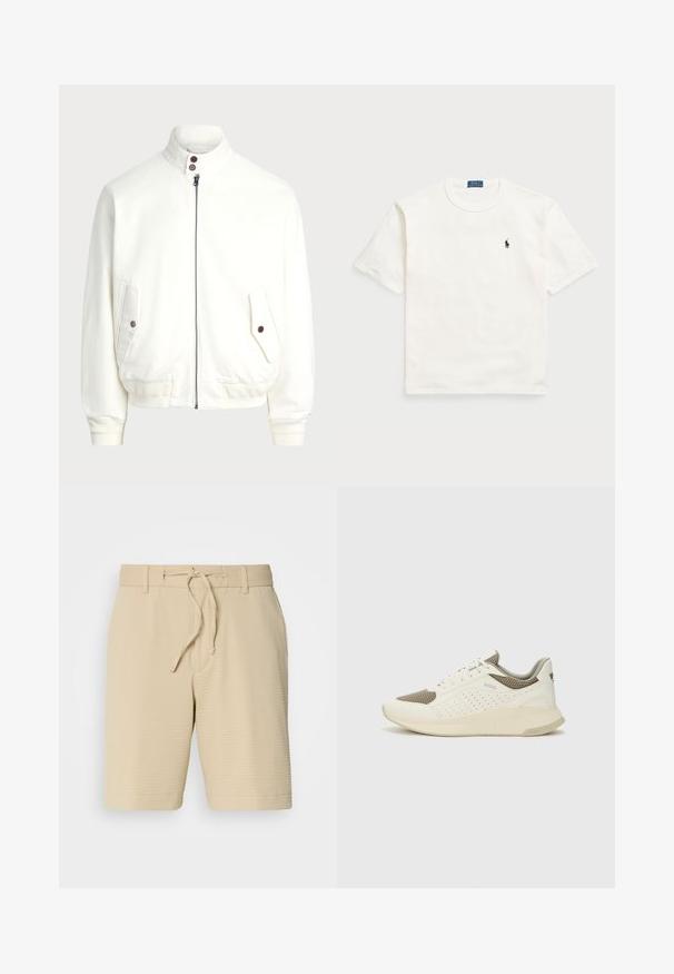 Fehér cipzáras dzseki magas gallérral, két elülső zseb gombos záródással, bordás mandzsetták és alsó rész, valamint sima szövettextúra.; Fehér pamut póló rövid ujjakkal, klasszikus kerek nyakkivágással és egy kis fekete hímzett logóval a bal mellrészen.; Textúrált anyagból készült bézs sort, rugalmas derékkal és zsinórral, valamint oldalirányú zsebekkel a funkcionalitás érdekében.; Fehér és világos bézs sportcipő, légies hálós felsőrésszel, perforált részletekkel és texturált középtalppal, amelyen a saroknál a márka logója található.