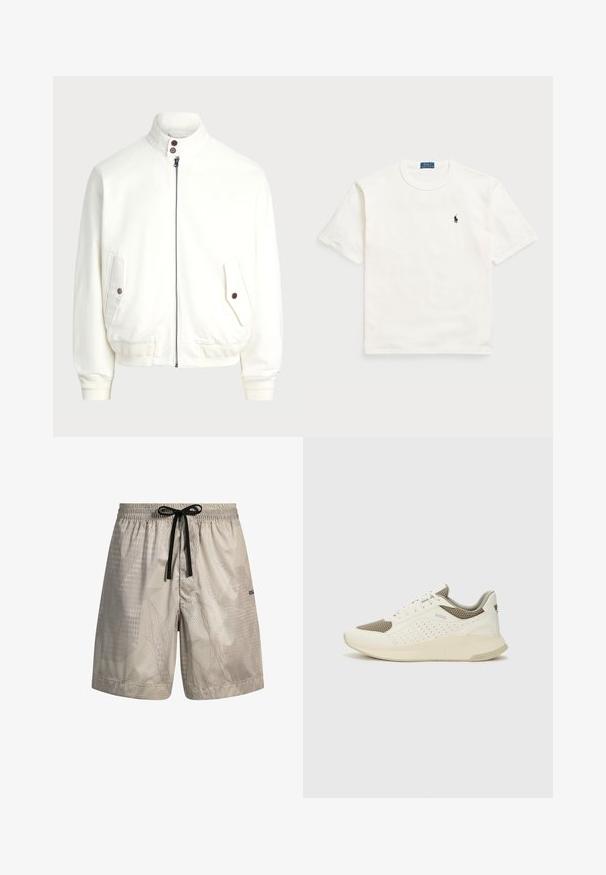 Valge kergelt suletav jakk kõrge kraega, kaks esipakki nupuklippidega, soonikkoes varrukad ja alläär, ning sile kangas.; Valge puuvillane T-särk lühikeste varrukatega, klassikalise ümmarguse kaelusega ning vasakul rinnal on väike must tikand.; Heledad hallide ujumispüksid abstraktse mustriga, elastne vöökoht ja must pael. Alajalgadel on diskreetne bränding.; Valge ja heledat beeži värvi spordijalats, millel on õhuke võrkmaterjal, perforatsioonidega detailid ning tekstuuriga vahetald, millel on brändi logo kannaosas.