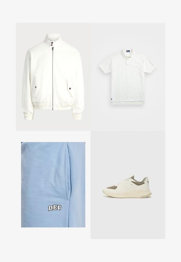 White zip-up jacket with a high collar, two front pockets with button closures, ribbed cuffs and hem, and smooth fabric texture.; White polo shirt made of cotton, featuring a classic collar, three-button placket, and a left chest pocket; small logo at the hem.; DEF Shorts - blue; White and light beige athletic sneaker, featuring a mesh upper, perforated detailing, and a textured midsole with branding on the heel.