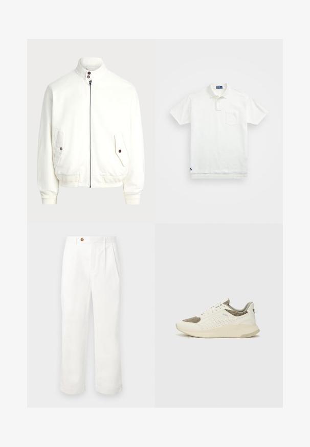 White zip-up jacket with a high collar, two front pockets with button closures, ribbed cuffs and hem, and smooth fabric texture.; White polo shirt made of cotton, featuring a classic collar, three-button placket, and a left chest pocket; small logo at the hem.; White cotton trousers with a straight cut, featuring two front pleats, a single button closure, and side pockets. Smooth texture.; White and light beige athletic sneaker, featuring a mesh upper, perforated detailing, and a textured midsole with branding on the heel.