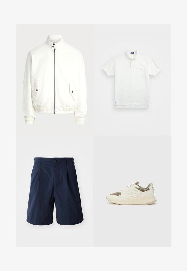 Giacca bianca con zip e colletto alto, due tasche frontali con bottone, polsini e orlo a coste, e tessuto morbido.; Polo bianco in cotone, con colletto classico, placca con tre bottoni e taschino sul lato sinistro del petto; piccolo logo sull'orlo.; Pantaloni corti blu navy realizzati in tessuto leggero, dotati di chiusura a bottone, tasche laterali e un design semplice con pieghe davanti.; Sneaker atletica bianca e beige chiaro, con tomaia in mesh, dettagli perforati e una suola intermedia texturizzata con marchio sul tallone.