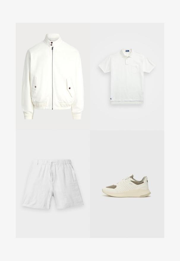 Balta zip-up striukė su aukštu apykakle, dviem priekinėm kišenėm su mygtukų uždarymu, raukšlėtom rankogaliais ir apačia, sklandžiu audinio paviršiumi.; Balta polo marškiniai pagaminti iš medvilnės, su klasikiniais kraštais, trijų mygtukų sprandeliu ir kairiuoju krūtinės kišeniu; mažas logotipas apačioje.; Balti lininiai šortai su elastine juosta ir raišteliu, turintys šonines kišenes, pateikti ant vientiso fono.; Baltas ir šviesiai bežinis sportinis kedas, su tinklo viršumi, perforuotais detalėmis ir tekstūruotu tarpine su logotipu ant kulno.