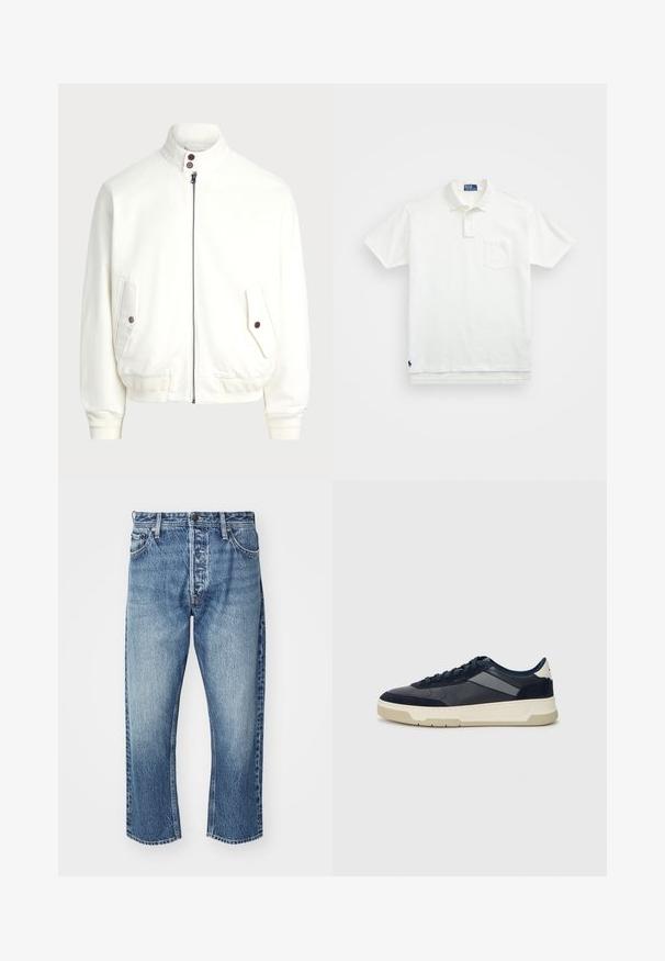 Valge kergelt suletav jakk kõrge kraega, kaks esipakki nupuklippidega, soonikkoes varrukad ja alläär, ning sile kangas.; Valge polo särk, mis on valmistatud puuvillast, klassikalise kraega, kolme nööbiga kinnitusega ja vasakul rinnal taskuga; väike logo helmel.; Heledad teksased heledas sinises värvitoonis, pleekinud viimistlusega. Omavad sirget lõiget, viit taskut ja hõbedast nööpkinnitust.; BOSS BALTIMORE - Tossud - open blue