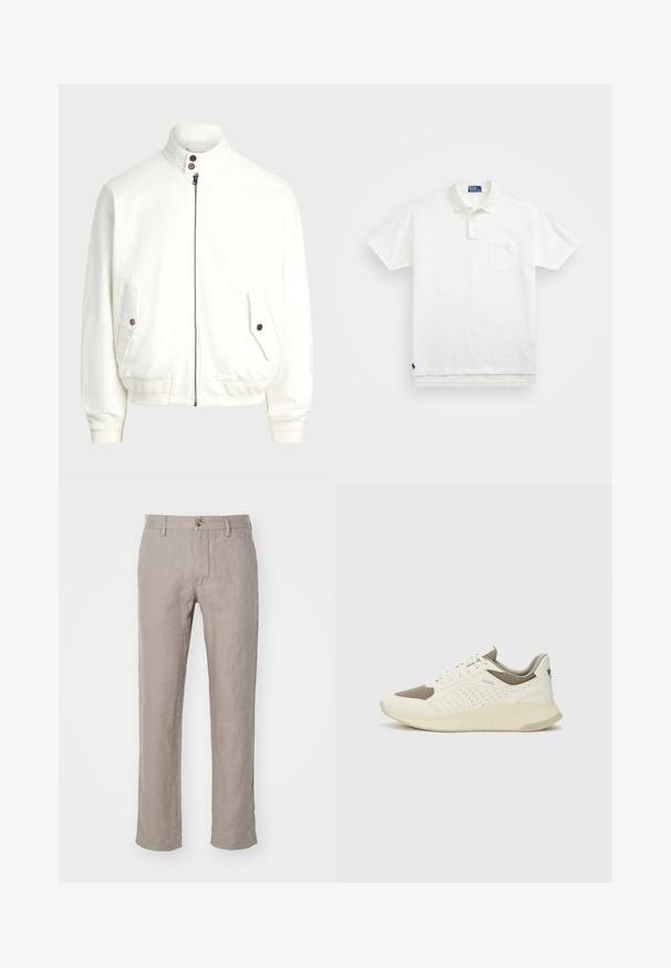 Chaqueta blanca con cremallera y cuello alto, dos bolsillos frontales con cierres de botón, puños y dobladillo acanalados, y una textura de tela suave.; Camisa polo blanca de algodón, con un collar clásico, una tapeta de tres botones y un bolsillo en el pecho izquierdo; pequeño logo en el dobladillo.; NN.07 THEO - Pantalones - camel; Zapatilla deportiva en blanco y beige claro, con parte superior de malla, detalles perforados y una mediasuela texturizada con la marca en el talón.